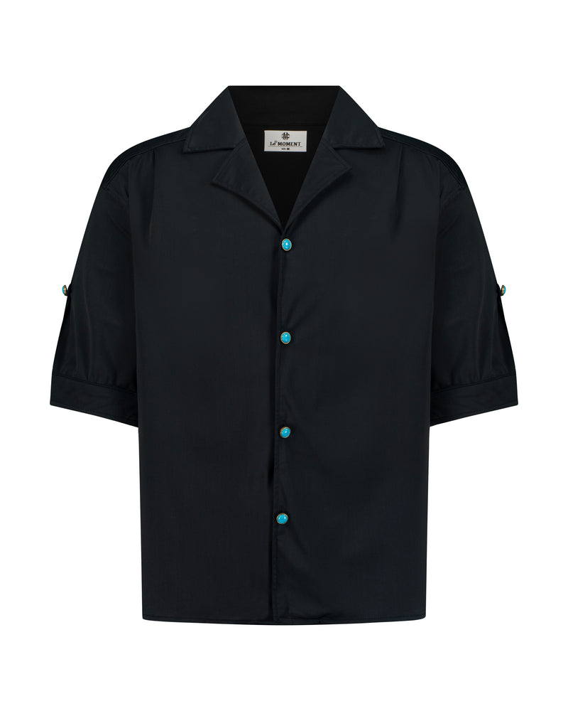 Turquoise-Button Resort Shirt – Black